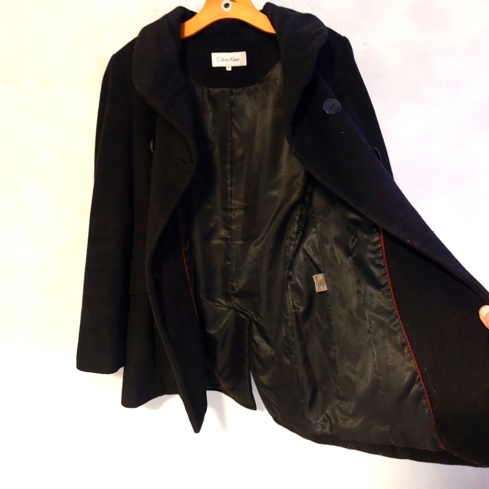 Calvin Klein Wool Black Pea Coat Size 10 Women's pockets Mid Lenght - Picture 7 of 13